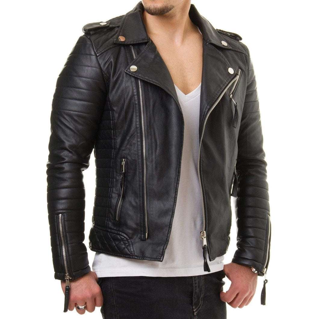 Men Motorcycle Genuine Lambskin Leather Jacket Black Slim fit Biker jacket - leathersguru