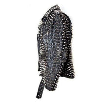 Load image into Gallery viewer, Men&#39;s Silver Studded Custom Patches Long Spike Brando Belted Rocker Black Jacket - leathersguru
