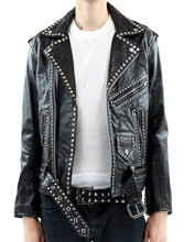 Load image into Gallery viewer, Men Silver Studded Jacket Black Punk Silver Spiked Leather Belted Biker Jacket - leathersguru

