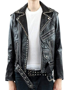 Men Silver Studded Jacket Black Punk Silver Spiked Leather Belted Biker Jacket - leathersguru