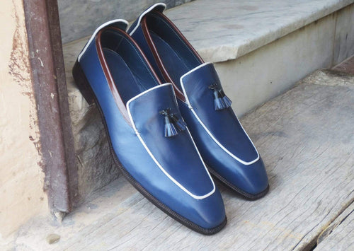 Men's Blue Leather Square Toe Slip On Tussles Shoe - leathersguru