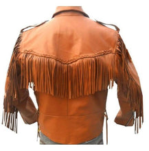 Load image into Gallery viewer, Men Tan Western Style Leather Jacket ,Cowboy Cowhide Leather Fringe Jacket - leathersguru
