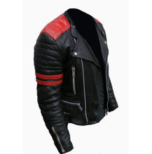 Load image into Gallery viewer, Men&#39;s Black &amp; Red Color Brando Fashion Jacket, Men&#39;s Red Striped Leather Jacket - leathersguru
