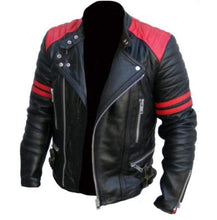 Load image into Gallery viewer, Men&#39;s Black &amp; Red Color Brando Fashion Jacket, Men&#39;s Red Striped Leather Jacket - leathersguru
