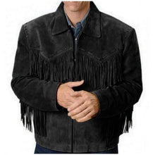 Load image into Gallery viewer, Men&#39;s Western Black Suede Jacket Wear Fringes Beads, Suede Cowboy Jacket - leathersguru
