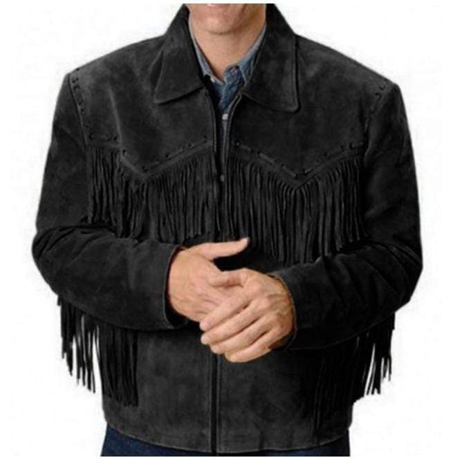 Men's Western Black Suede Jacket Wear Fringes Beads, Suede Cowboy Jacket - leathersguru