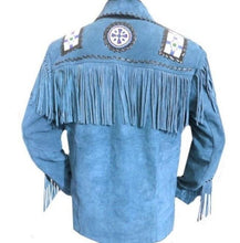 Load image into Gallery viewer, Men&#39;s Western Suede Jacket, Blue Cowboy Fringe Suede Jacket - leathersguru
