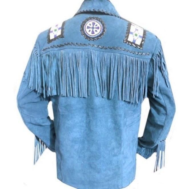 Men's Western Suede Jacket, Blue Cowboy Fringe Suede Jacket - leathersguru