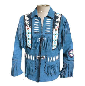 Men's Western Suede Jacket, Blue Cowboy Fringe Suede Jacket - leathersguru