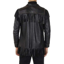 Load image into Gallery viewer, Men&#39;s Western Leather Jacket Wear Fringes Beads Native American Cowboy Black Coat - leathersguru
