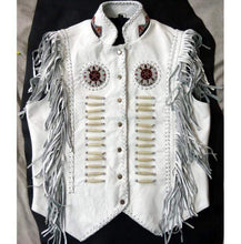 Load image into Gallery viewer, Western Leather Jacket, Handmade White Cowboy Fringe Leather Jacket - leathersguru
