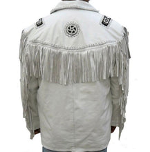 Load image into Gallery viewer, Men&#39;s Western Leather Jacket, Handmade Cowboy White Fringe Jacket - leathersguru
