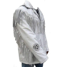 Load image into Gallery viewer, Men&#39;s Western Leather Jacket, Handmade Cowboy White Fringe Jacket - leathersguru
