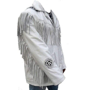 Men's Western Leather Jacket, Handmade Cowboy White Fringe Jacket - leathersguru