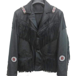 Western Leather Jacket, Black Cowboy Leather Fringe Jacket - leathersguru