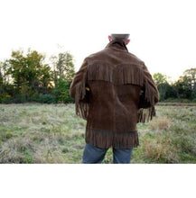 Load image into Gallery viewer, Men&#39;s Western Suede Jacket, Dark Brown Cowboy Suede Fringe Jacket - leathersguru
