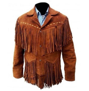Men's Western Suede Jacket, Tan Color Cowboy Suede Fringe Jacket - leathersguru