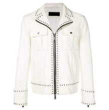 Load image into Gallery viewer, White Studded Leather Jacket Motorcycle Fashion Leather Jacket - leathersguru
