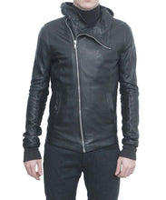 Load image into Gallery viewer, Men Black Leather Bullet Jacket, Men&#39;s Leather Jacket Hodded
