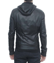 Load image into Gallery viewer, Men Black Leather Bullet Jacket, Men&#39;s Leather Jacket Hodded
