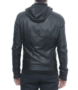 Men Black Leather Bullet Jacket, Men's Leather Jacket Hodded