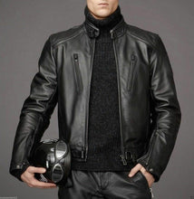 Load image into Gallery viewer, Men Black Leather Motorcycle Jacket, Black Biker Leather Jacket
