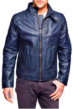 Load image into Gallery viewer, Men&#39;s Blue Biker Slim Fit Leather Jacket, Handmade Zipper Jacket
