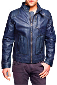Men's Blue Biker Slim Fit Leather Jacket, Handmade Zipper Jacket