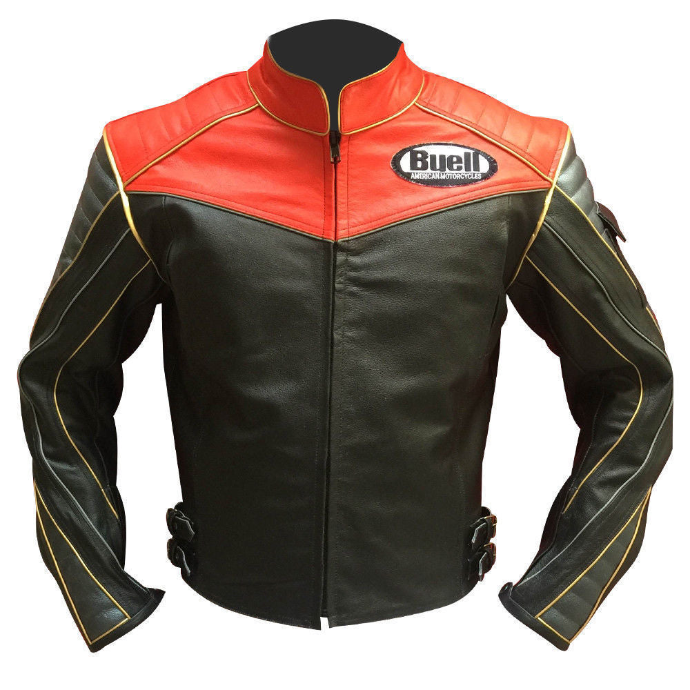 Leather Skin Men Black Biker Motorcycle Leather Jacket with Yellow Stripes - leathersguru