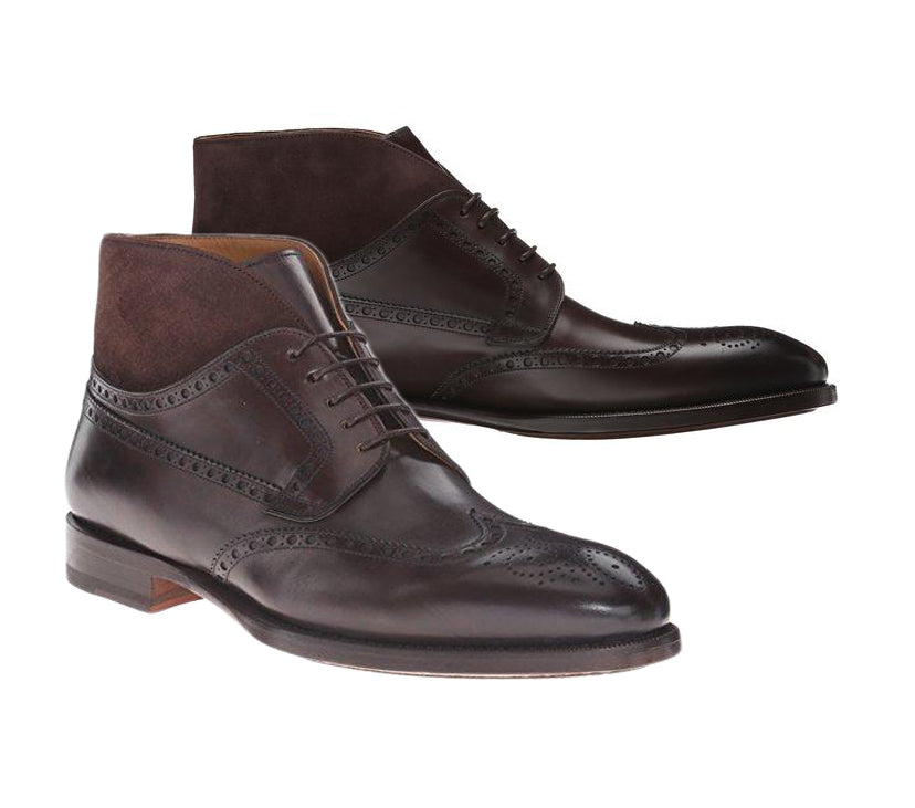 Men Dark Brown Leather Boot, Handmade Brogue Wing Tip Formal Boots