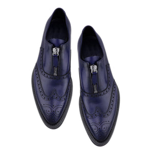Hand stitched Mens Shoes Footwear Sole Zip-Wing Tip Navy Blue Zipper Brogue