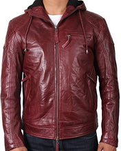 Load image into Gallery viewer, Men Maroon Hooded Leather Jacket, Men Leather Hooded Jacket, Men Jackets
