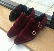 Load image into Gallery viewer, Men Maroon Superior Leather Double Buckle Straps Cap Toe Stylish Monk Shoes
