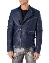 Load image into Gallery viewer, Men Navy Blue Motorbike Leather Jacket, Classic Trendy Scooter Fashion Jacket
