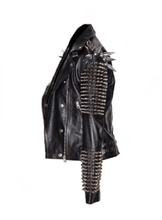 Load image into Gallery viewer, Men Silver Studded Long Spiked Jacket Leather Black Rock Punk Style Jacket - leathersguru

