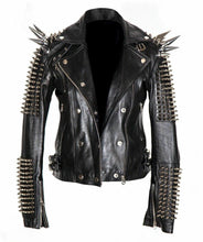 Load image into Gallery viewer, Men Silver Studded Long Spiked Jacket Leather Black Rock Punk Style Jacket - leathersguru
