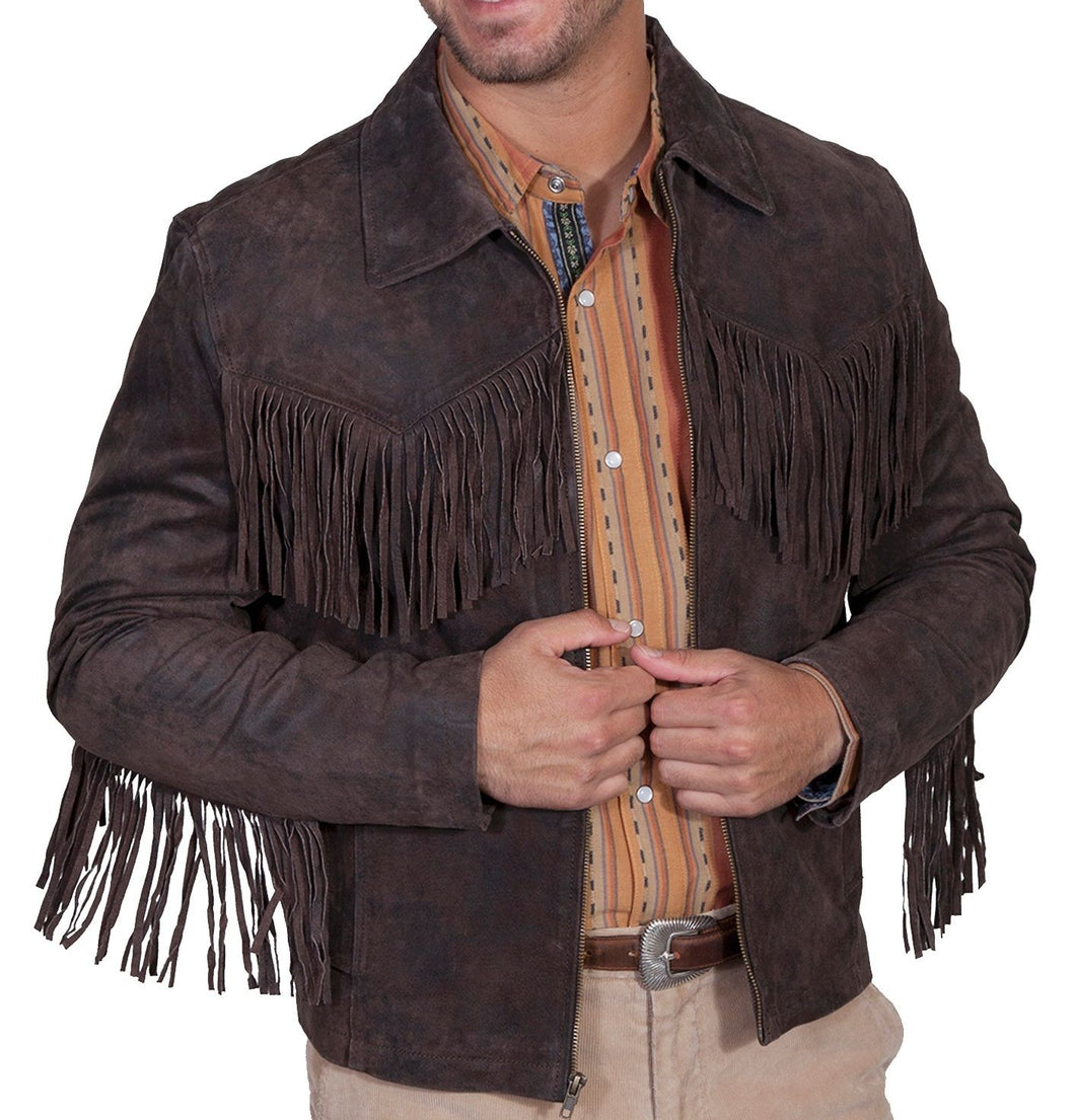 Men Simple Style Western Leather Jacket Brown color Fringes Design for Men's