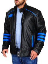Load image into Gallery viewer, Men Two Tone Black Biker Blue Racing Striped Motorbike Genuine Leather Handmade Jacket
