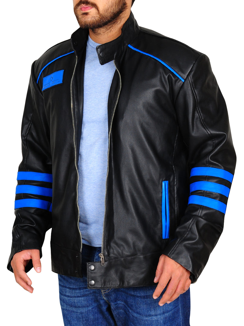 Men Two Tone Black Biker Blue Racing Striped Motorbike Genuine Leather Handmade Jacket