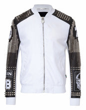 Load image into Gallery viewer, Men White Black Silver Studded Embroidery Patches Cowhide Biker Leather Jackets
