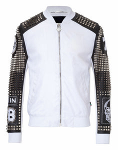 Men White Black Silver Studded Embroidery Patches Cowhide Biker Leather Jackets