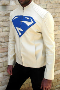 Men White Blue Superman Motorbike Classic Genuine Real Leather Jacket 