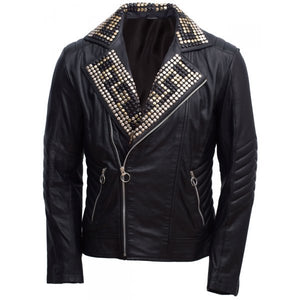 Black Silver Studded Leather Jacket for mens - leathersguru