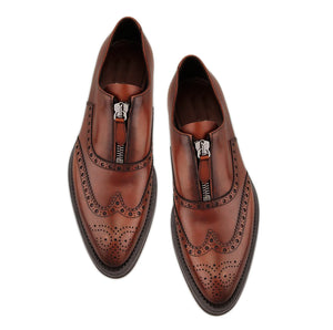 Bespoke Brown Leather Wing Tip Zip Up Shoe for Men - leathersguru