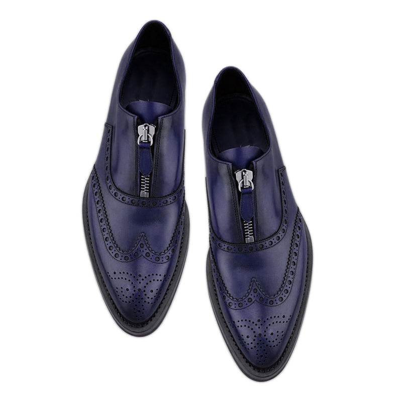 Bespoke Blue Leather Wing Tip Zip Up Shoe for Men - leathersguru