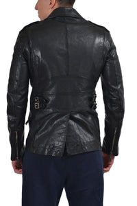 Men's 100% Leather Black Double Breasted Jacket - New