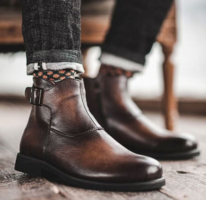 Men's Ankle Boot, Men's Brown Vintage Leather Monk Casual Boot.