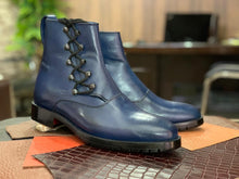 Load image into Gallery viewer, Men&#39;s Ankle High Blue Side Lace Up Boot, Cap Toe Boot, Leather Boot
