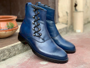 Men's Ankle High Blue Side Lace Up Boot, Cap Toe Boot, Leather Boot