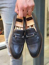 Load image into Gallery viewer, Men&#39;s Black Leather Shoes Slip On Moccasin Shoes, Fringe Loafer With Horse bit Style Shoes
